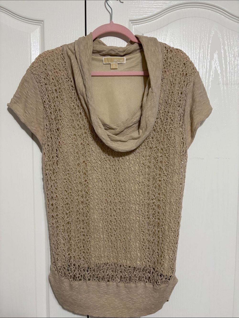 Michael Kors Tan Open-Knit Cowl Neck Short Sleeve Sweater
